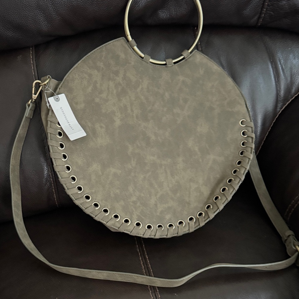 Anthropologie Khaki Circle Crossbody Bag with Gold Rings